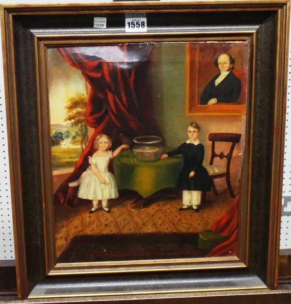 English Provincial School (c.1840), Portrait of a young brother and sister in an interior by a goldfish bowl, oil on canvas, 34cm x 30cm.