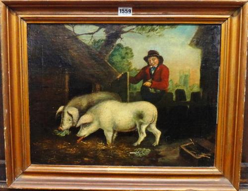 Follower of George Morland, Pigs feeding, oil on canvas laid on board, bears a signature, 34cm x 45cm.