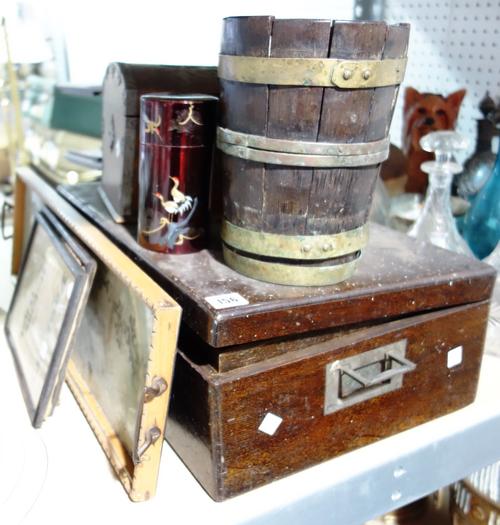 A quantity of collectables including an oak canteen box, mahogany table top display stand, coopered bucket, wooden box and sundry. (qty)