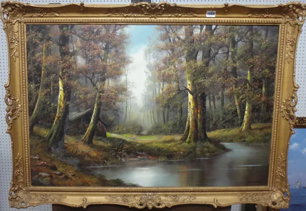 Hans Durrell (20th century), Woodland scene, oil on canvas, signed with initials, 60cm x 90cm.