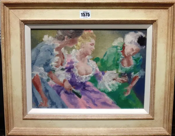 Guy Gravett (1919-1996), After the dance, oil on canvasboard, 23.5cm x 33.5cm.