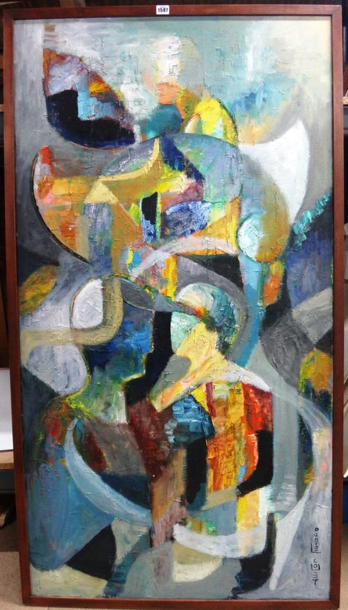 Daniel Couet (b.1952), Guere et paix, oil on canvas, signed, inscribed and dated 1997 on reverse, unframed, 149cm x 70cm. DDS