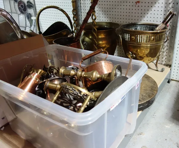 A quantity of assorted copper brass and metal ware collectables including candlesticks, log baskets, jardinières, jugs, pots and sundry. (qty)