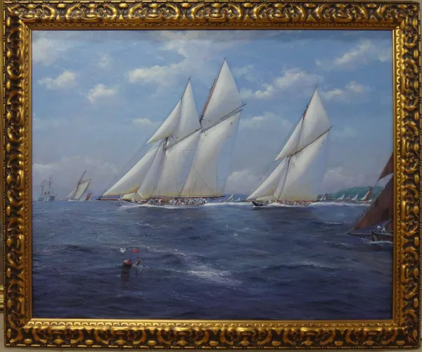 Michael Whitehand (b.1941), Westward leading Britannia off the Royal Yacht Squadron, Cowes, oil on canvas, signed, 80cm x 100cm. DDS   Illustrated