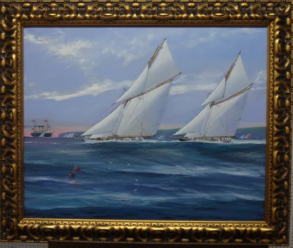 Michael Whitehand (b.1941), White Heather leading Britannia with Royal Yacht in the background, oil on canvas, signed, inscribed on stretcher, 60cm x