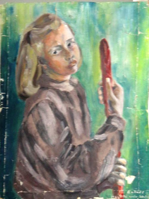 Bridget Riley (b.1931), Girl with brush, oil on paper, signed, inscribed and dated 1946, unframed, 53cm x 41cm.DDS