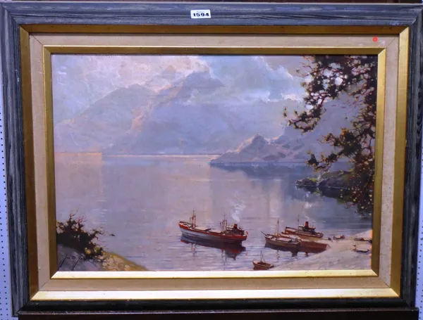Jan B. Jospisin? (20th century), Lake scene, oil on canvas, indistinctly signed, 36cm x 53cm.