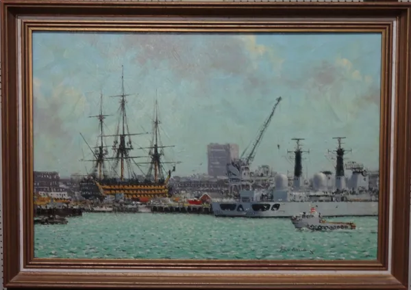 John Worsley (1919-2000), Past and present at Portsmouth: H.M.S. Victory and two modern Frigates, oil on board, signed, 39.5cm x 60cm. DDS