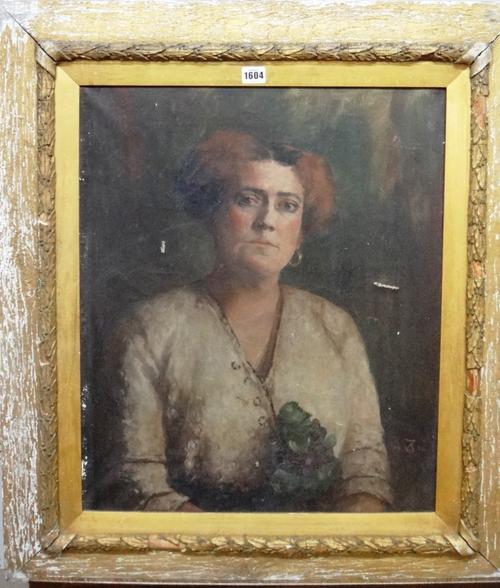 English School (early 20th century), Portrait of a lady; Portrait of a gentleman, a pair, oil on canvas, one signed with monogram and dated 1914, each