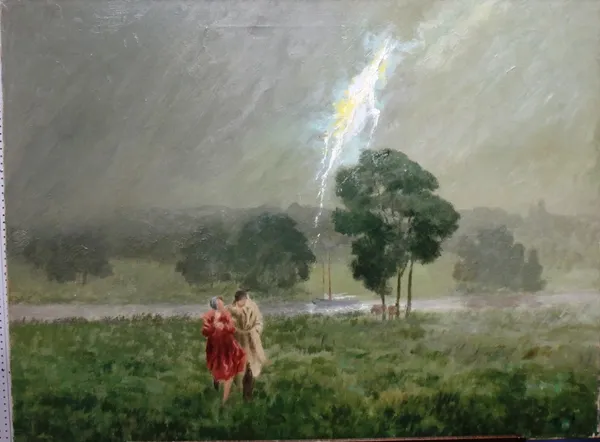 British School (20th century), Summer storm, oil on canvas, unframed, 75cm x 102cm.