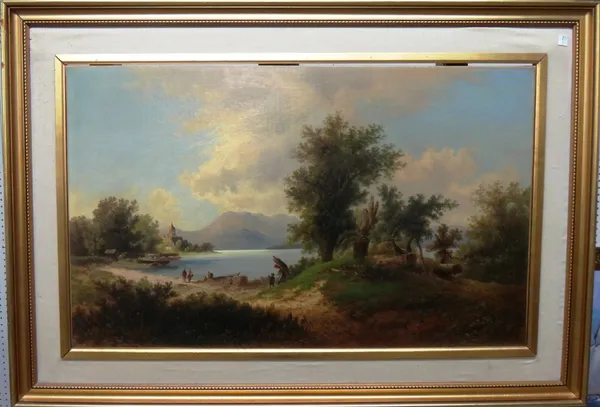 Mark W Langlois (1860-1890), Italian lake landscape with figures, oil on canvas, signed, 50.5cm x 82cm.