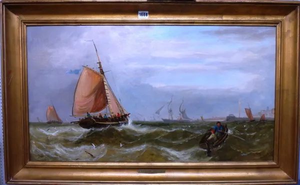 John Callow (1822-1878), Fishing boats making for Yarmouth Haven, oil on canvas, signed, inscribed on reverse, 44cm x 80cm.