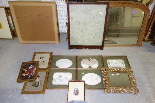 A small Florentine gilt mirror, a framed 19th century Chinese textile and assorted prints. (qty)