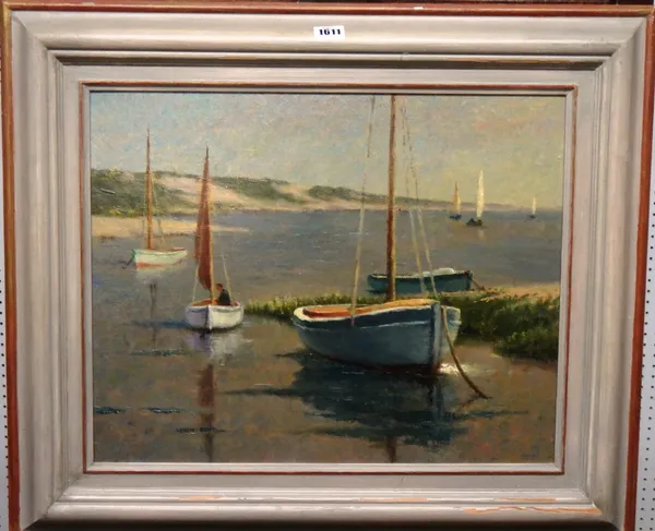 Leslie Kent (1890-1980), Estuary scene with boats at at their moorings, oil on canvas, signed, 40cm x 50cm. DDS