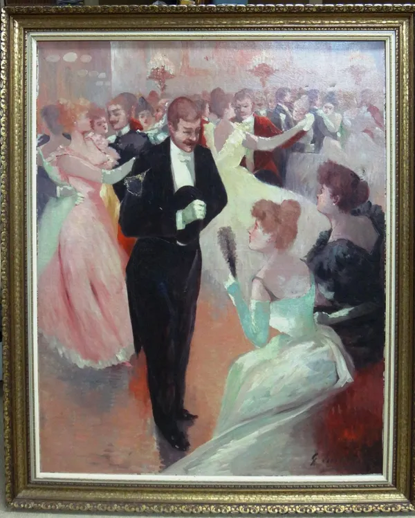 Continental School (early 20th century), Ballroom scene, oil on canvas, indistinctly signed, 90cm x 72cm.
