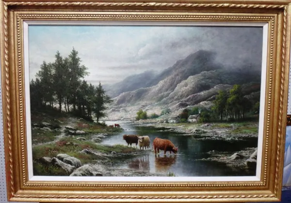 Charles A. Bool (19th/20th century), Highland loch scene with cattle watering, oil on canvas, signed and dated 1906, 50cm x 75cm.