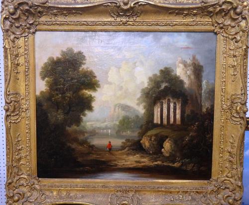 English School (19th century), A traveller near a ruined church in a lake landscape, oil on canvas, 49cm x 59cm.