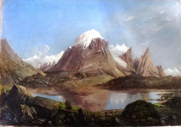 William Fowler (19th century), Mount Blanc and Lake Combal, oil on panel, signed and dated 1857, further signed, inscribed and dated 1856 on reverse,