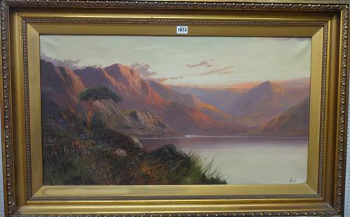 Joel Owen (1892-1931), Highland loch landscape, oil on canvas, signed and dated 1910, 45cm x 80.5cm.