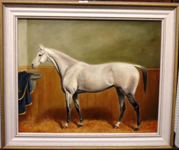 English School (19th century), A grey horse in a stable interior, oil on canvas, 41cm x 51cm.