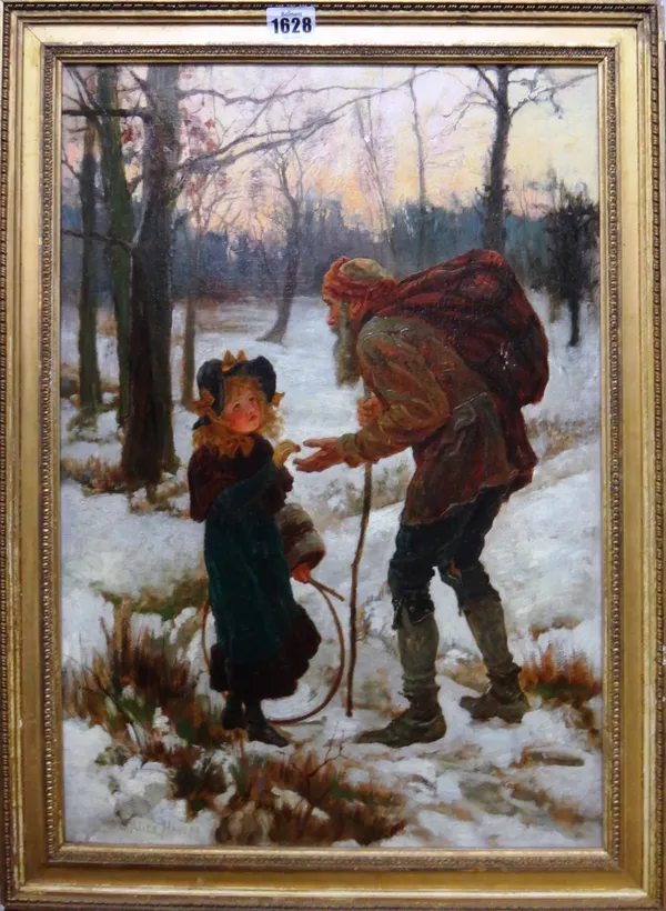 Alice Havers (1850-1890), Charity for the beggar, oil on canvas, signed, 50cm x 36cm.