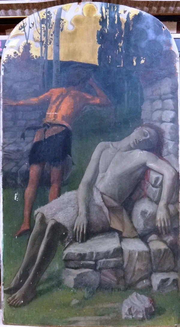 English School (late 19th century), Cain and Abel, oil on panel, arched top, unframed, 145cm x 80.5cm.Provenance: From the chapel of Our Lady's Priory