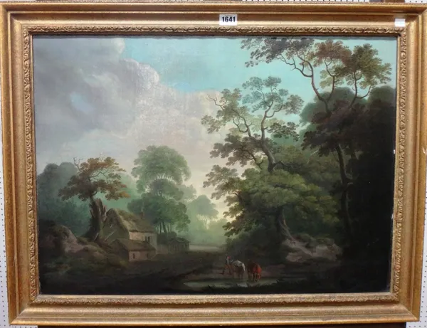 English School (c.1800), Wooded landscape with cattle and drover at a ford, oil on canvas, 47cm x 65cm.