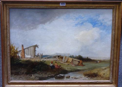 James Baker Pyne (1800-1879), Figures resting by a stream, oil on canvas, signed and dated 1844, 42cm x 59cm.