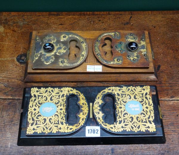 A Victorian coromandel gilt metal and Wedgwood mounted extending book rack, with maker's plaque 'Wedgwood and Son, Cornhill, London', 34cm wide, toget