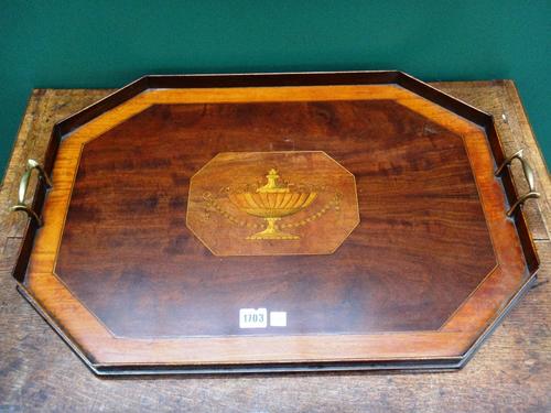 A 19th century marquetry inlaid, satinwood and mahogany canted rectangular galleried serving tray, 64cm wide.