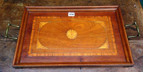 A 19th century rectangular mahogany tray with satinwood and boxwood inlay and brass handles, 48cm wide.