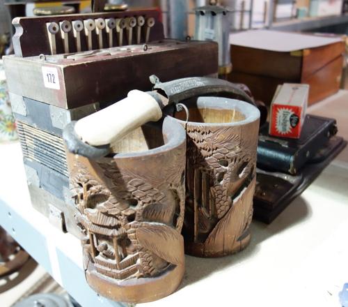 A quantity of collectables including an accordion, a pair of bamboo brush pots, cameras, lantern and sundry. (qty)