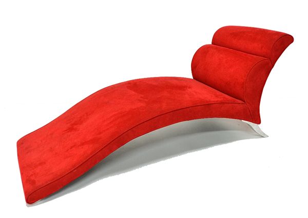 A 20th century red suede upholstered chaise longue on splayed chrome supports, 165cm wide.  Illustrated