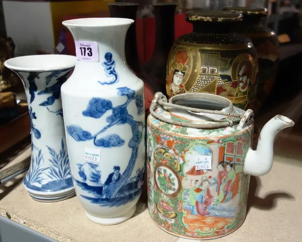 A group of ceramics including two pairs of Oriental vases, two blue and white Chinese vase and a teapot. (qty)