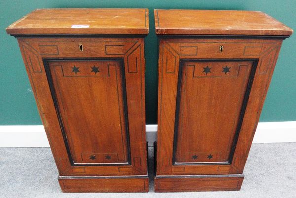 A pair of made up 19th century inlaid mahogany single door cupboards, on plinth bases, each 42cm wide.