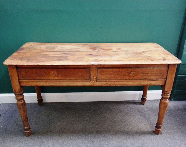 A 19th century pine kitchen table, with rounded rectangular top and a pair of frieze drawers, on turned supports, 160cm wide.