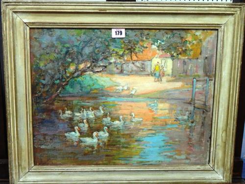 English School (20th century), Ducks at a ford, oil on board.