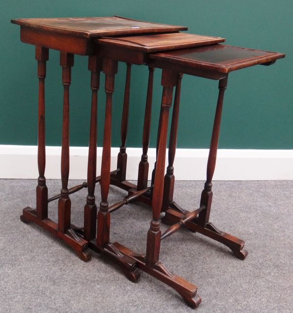 A nest of three 19th century rectangular occasional tables, the largest 46cm and a 19th century mahogany fret cut pier glass, 50cm wide x 56cm high.