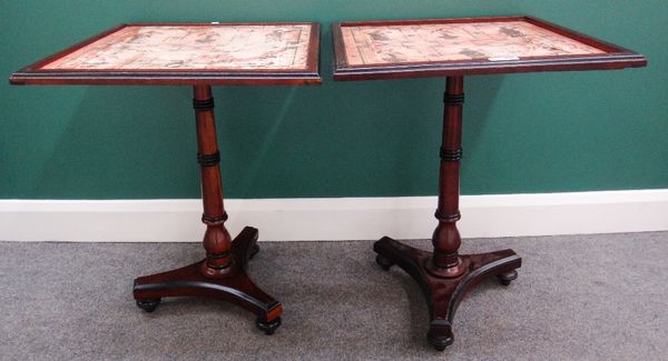 A pair of William IV style occasional tables, each with square top on turned column and triform platform, 55cm wide.