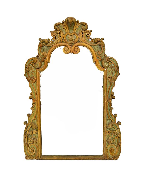 An 18th century Italian gold and green painted thick set wall mirror, with shaped arch top and floral chased frame, 100cm wide x 142cm high overall.