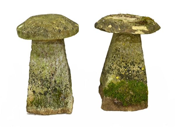 A pair of staddle stones, with tapering square bodies, 75cm high, (2).  Illustrated