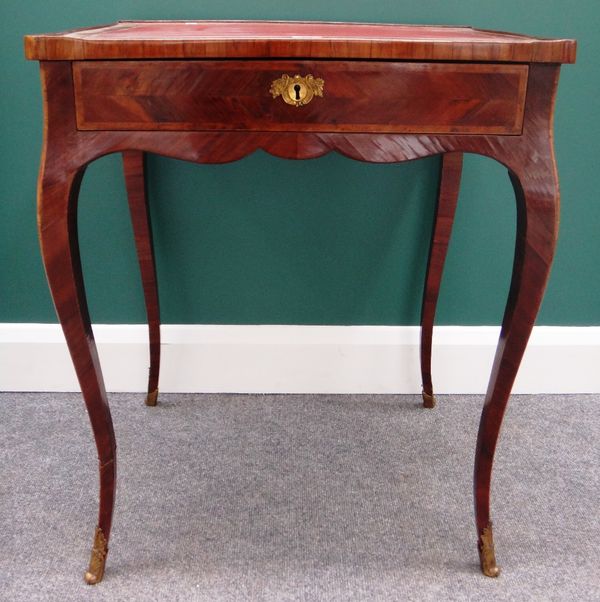 A 19th century Continental walnut writing table with single frieze drawers on gilt metal mounted cabriole supports, 62cm wide.