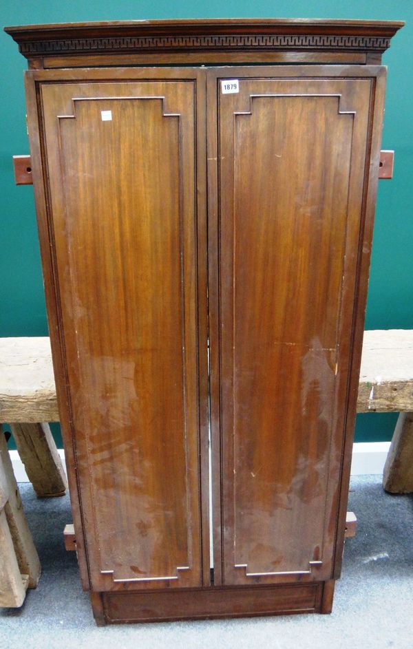 An early 20th century wall mounted mahogany triptych dressing mirror with bevelled mirror plates, 76cm wide x 152cm high, 135cm wide open.