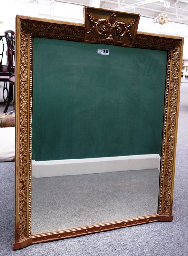 An early 20th century rectangular gilt framed mirror with tablet crest rail, 74cm wide x 94cm high, together with another similar, 54cm wide x 86cm hi