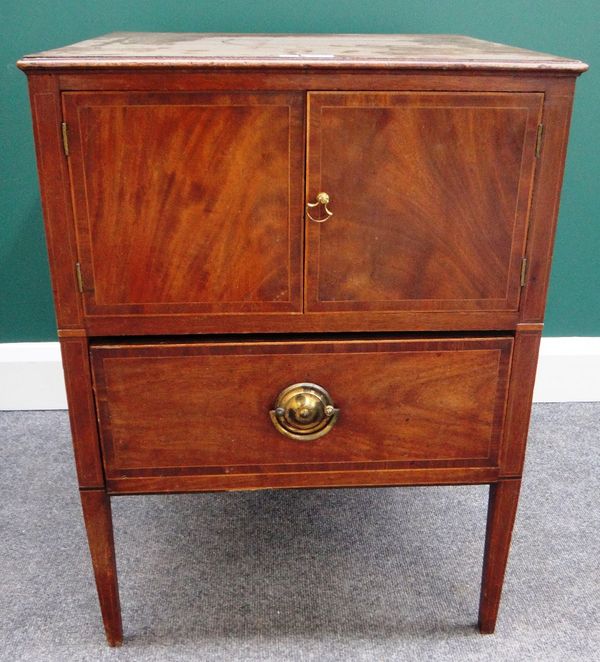 A George III inlaid mahogany night stand, with pair of cupboards over single drawer, on tapering square supports, 55cm wide.