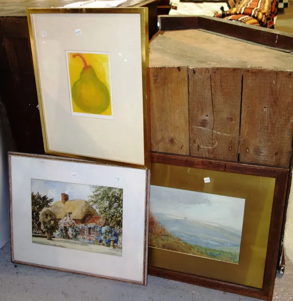 A.H. Drummond, Downland landscape watercolour, T.McHatton, Thatched cottage watercolour, and a print 'The Pear' by Susie Perry. (3)