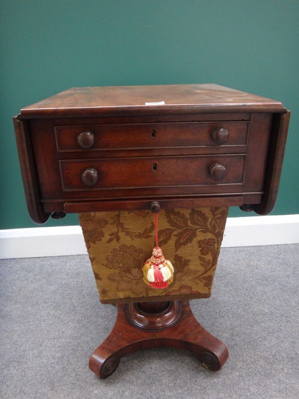 A William IV mahogany drop flap sewing table, with a pair of frieze drawers over a pull-out wool box, on quatrefoil platform, 46cm wide.