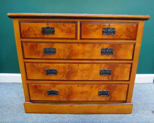 A 19th century Antipodean Huon pine chest of two short and three long graduated drawers, on plinth base, stencilled to the back "Evans & Clarke", 114c