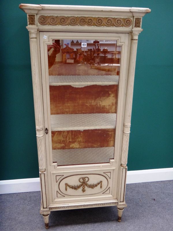 A early 20th century French green and parcel gilt painted vitrine, with single glazed door flanked by fluted and spiral columns, 72m wide x 161cm high