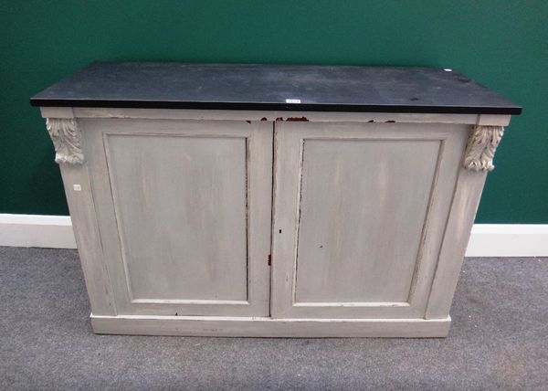 A 19th century later grey painted side cabinet, with rectangular slate top over a pair of panelled doors, and plinth base, 42cm wide.